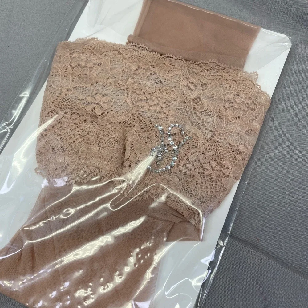 Victorias Secret Lace Top Thigh Highs Back Seam Rhinestone Logo Nude XS 11200497